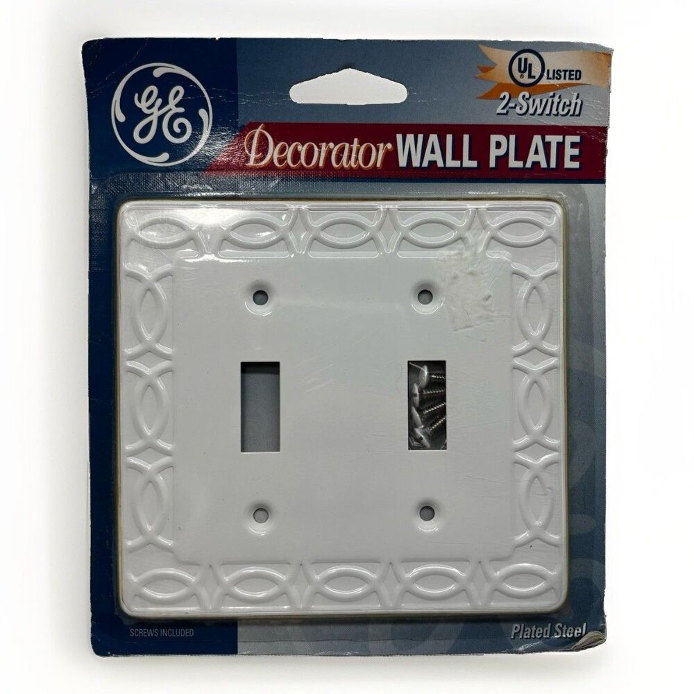 GE Vintage Decorator 2-Switch Wall Plate White Gold Trim Plated Steel 8227-TT1D